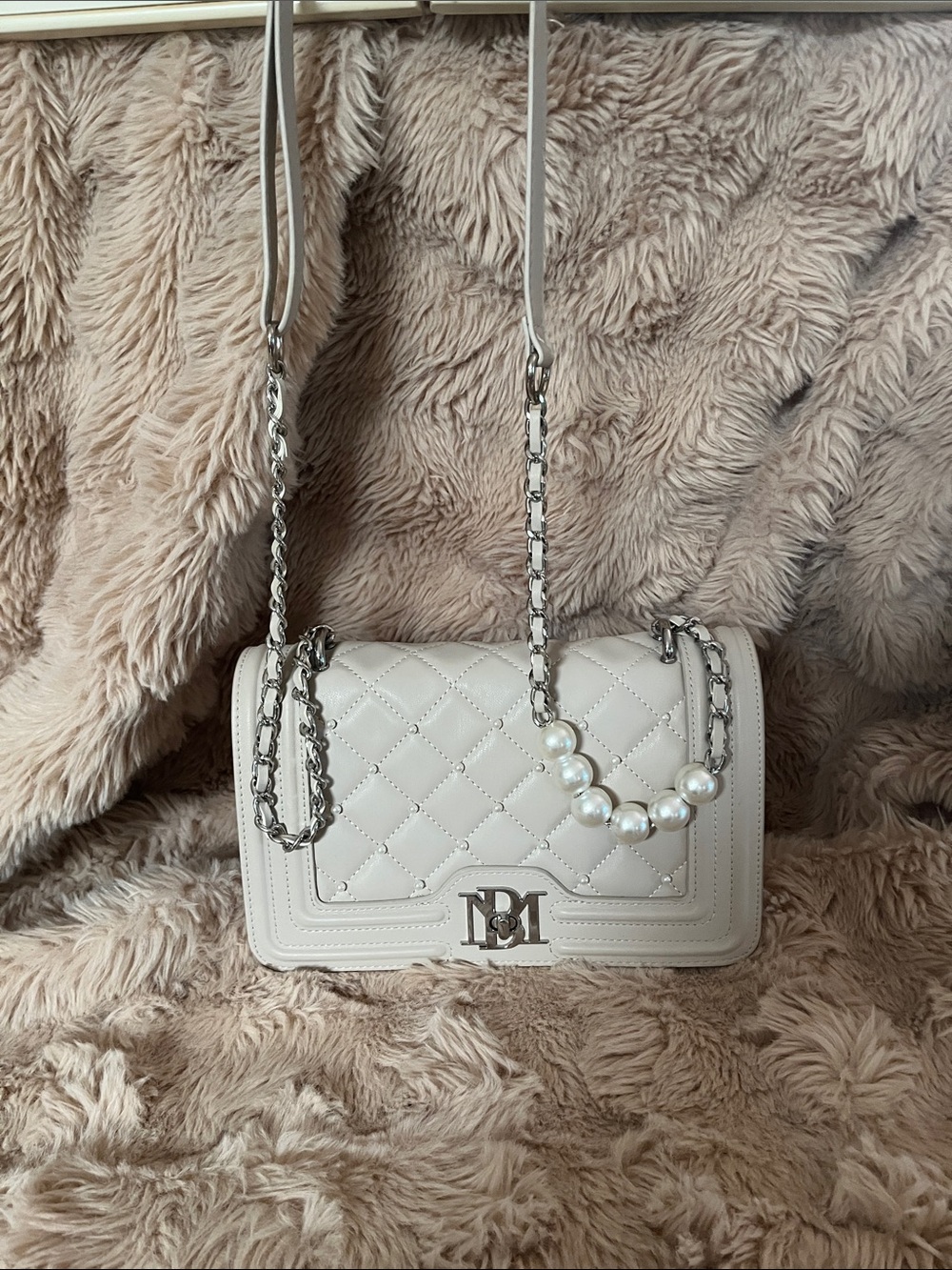 White Quilted Chain Shoulder Bag with Pearl Strap